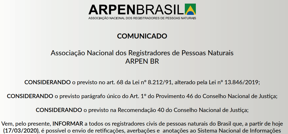 Comunicado da Arpen/BR sobre o envio de retificações, averbações e anotações ao SIRC